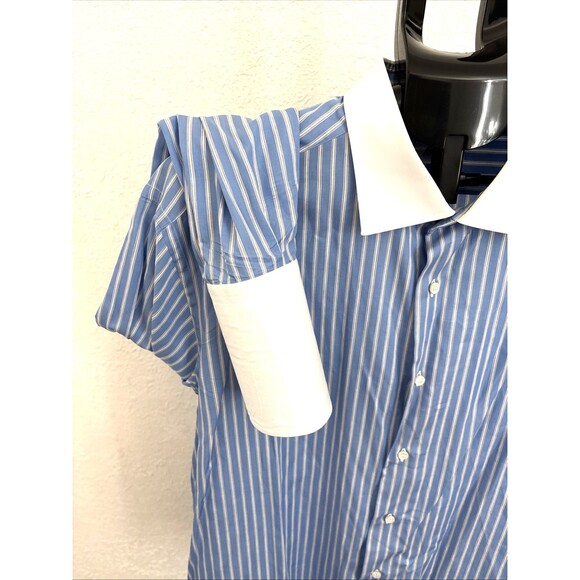 Brioni Men’s 18" Large Blue White Striped Long Sleeve French Cuff Shirt Italy - Picture 7 of 10